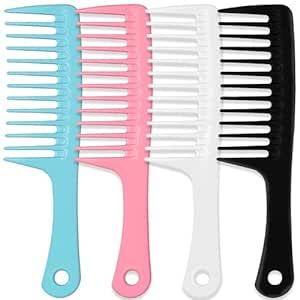 4PCS Wide Tooth Comb, Large Hair Detangling Comb Styling Comb, Professional Women Hair Care Handgrip Comb for Curly, Wet, Long Hair (Blue, Pink, White, Black)