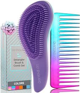 Detangling Brush and Wide Tooth Comb Set - Lightweight Hair Brush and Comb for Women and Kids Easy to Hold Hairbrush for Wet or Dry, Fine, Curly, Thick, Afro Hair by Lily England - Ombre (Blue/Lilac)