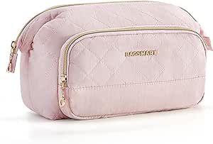BAGSMART Makeup Bag, Travel Cosmetic Bag for purse, Make Up Brush Organizer Case for Women, Large Wide-open Portable Pouch for traveling Toiletries Accessories Brushes, Pink